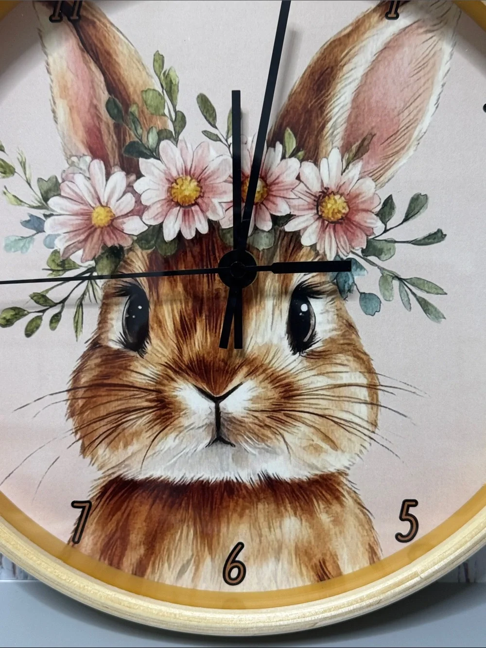 Rabbit Wall Clock, Floral Watercolor Bunny with 100% Wood Frame, 10-Inch Square